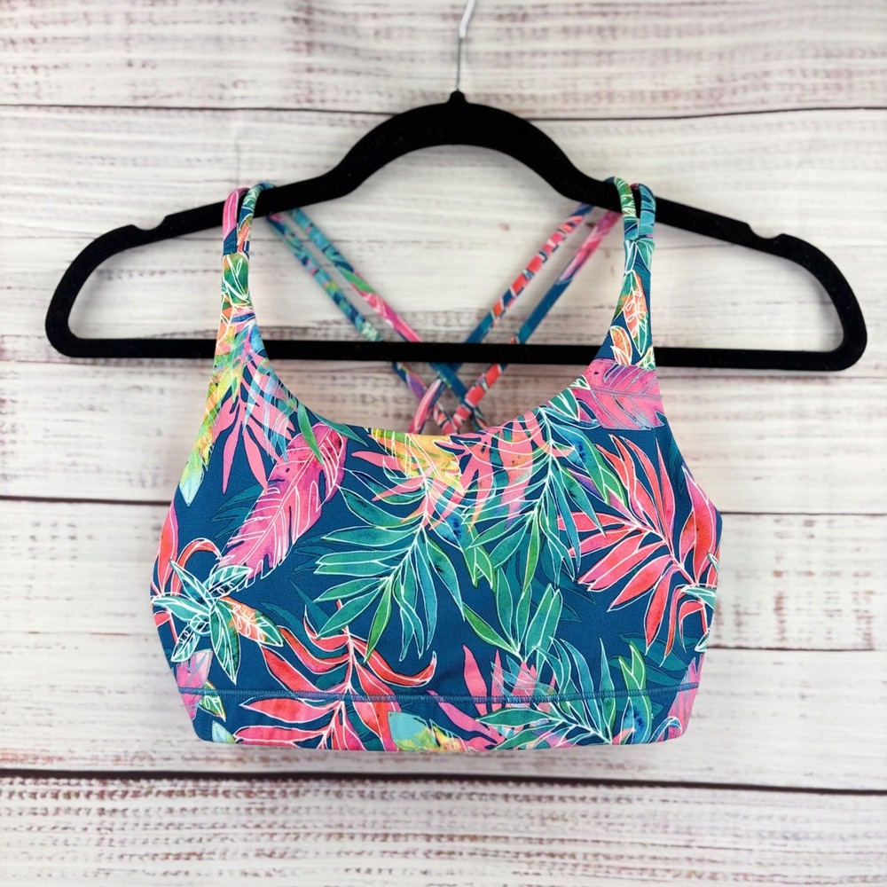 Tropical Print Strappy Sports Bra - Navy Pink Green
